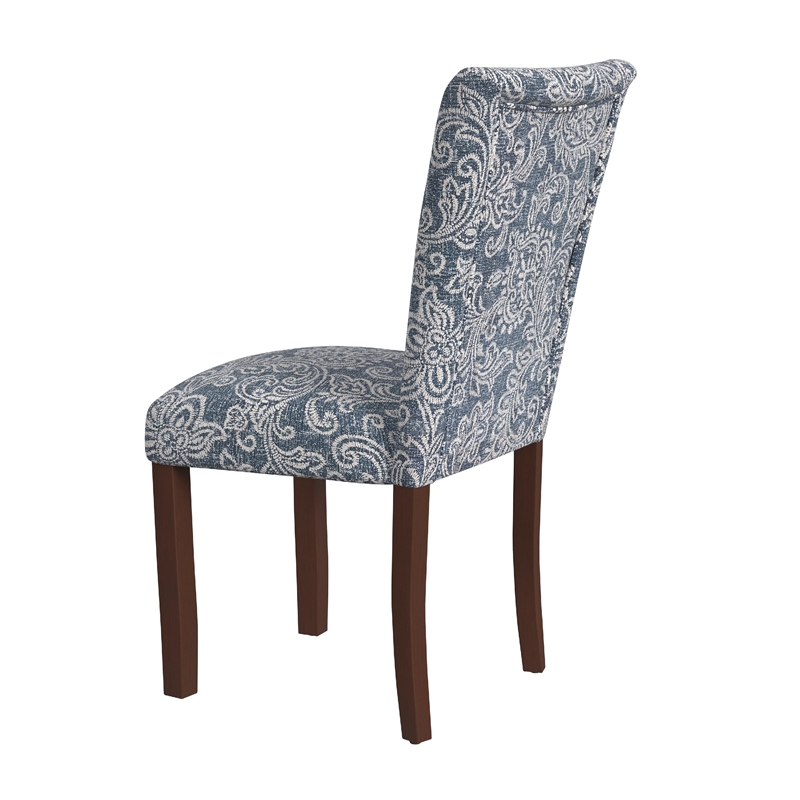 Pemberly Row Parsons Dining Chair 2Pc in Blue Jacobean Print Polyester Fabric
