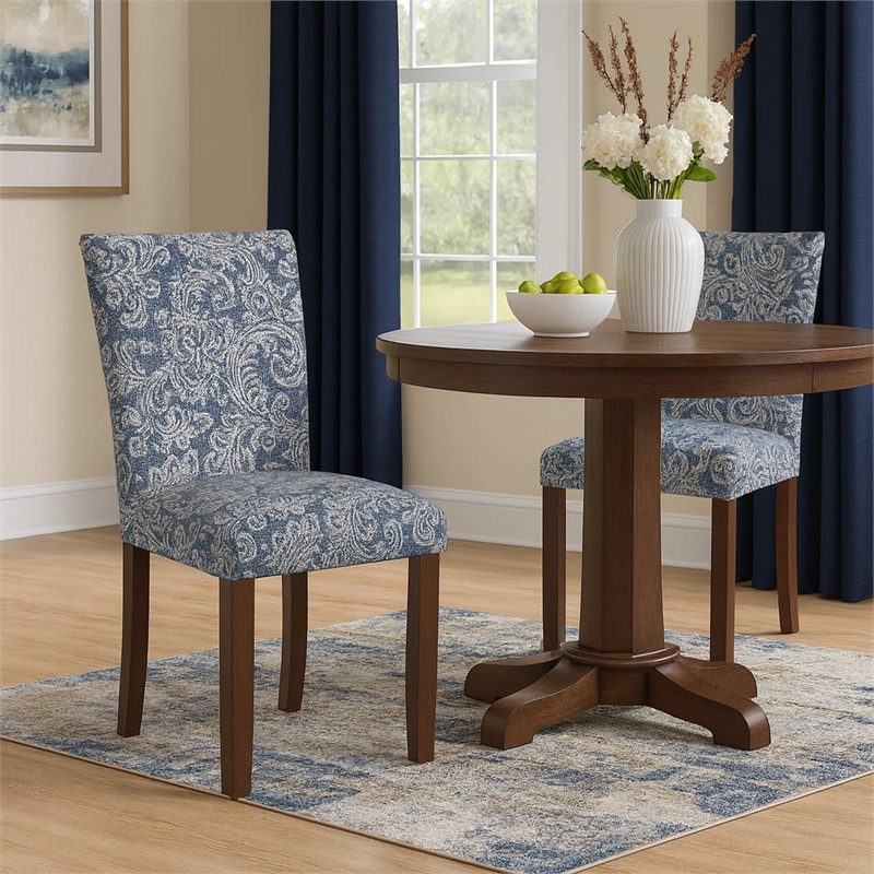 Pemberly Row Parsons Dining Chair 2Pc in Blue Jacobean Print Polyester Fabric