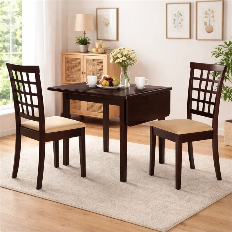 Pemberly Row 4Pc Dining Set w/ Drop Leaf Table & 3 Lattice Style Chairs in Brown