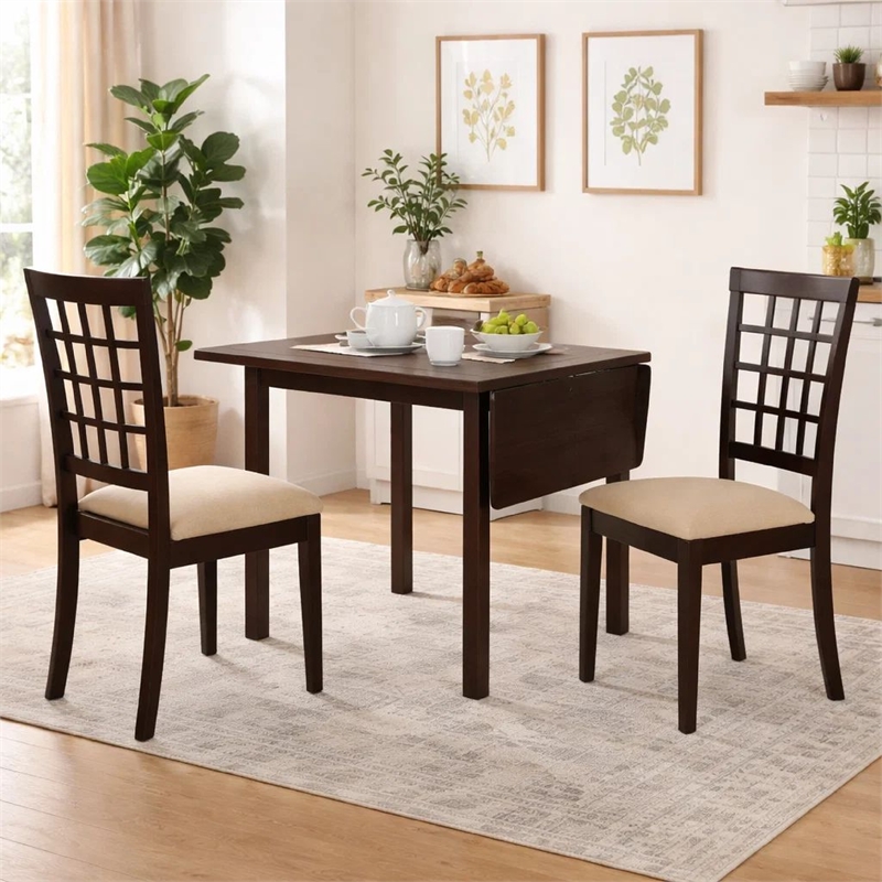 Pemberly Row 4Pc Dining Set w/ Drop Leaf Table & 3 Lattice Style Chairs in Brown