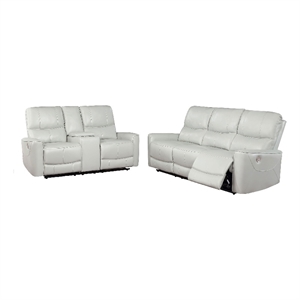 Pemberly Row 2 Piece Power Reclining Sofa and Loveseat Set in Ivory Faux Leather