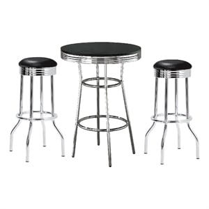 Pemberly Row 3 Pc Retro Bar Table Set with Round Black Top & 2 Stools in Chrome