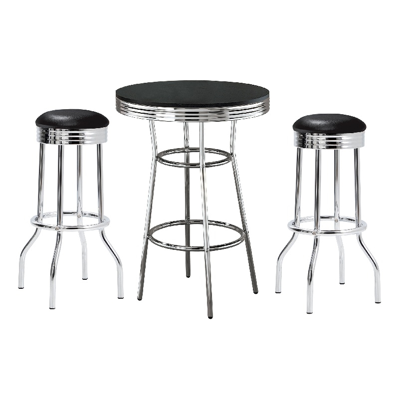 Pemberly Row 3 Pc Retro Bar Table Set with Round Black Top & 2 Stools in Chrome