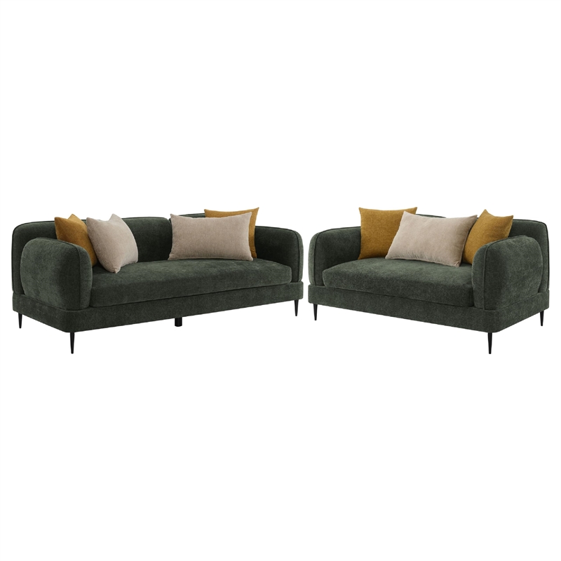 Pemberly Row 2Pc Sofa Set w/ 7 Throw Pillows & Slim Metal Legs in Green Chenille