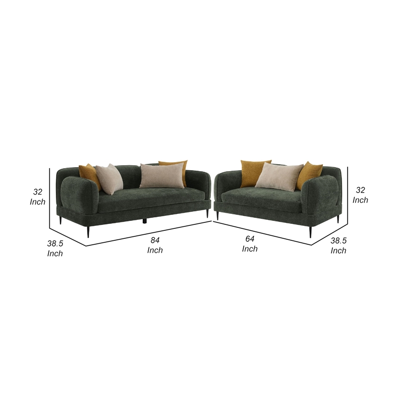 Pemberly Row 2Pc Sofa Set w/ 7 Throw Pillows & Slim Metal Legs in Green Chenille