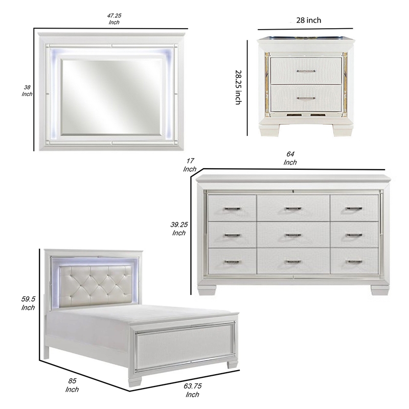 Pemberly Row 4Pc Queen Size Bedroom Set w/ Button Tufting & Mirror Trim in White