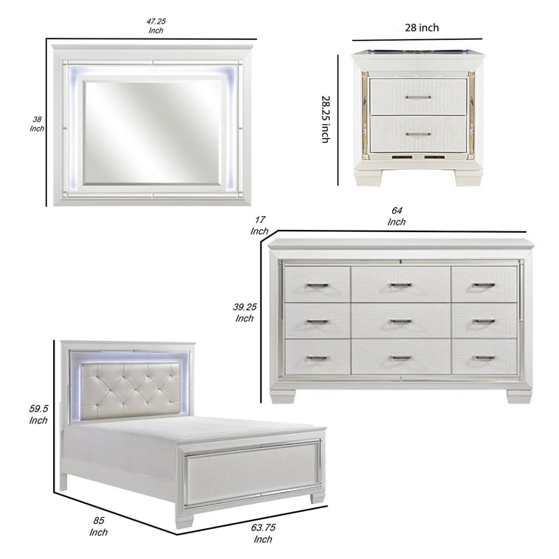 Pemberly Row 4Pc Queen Size Bedroom Set w/ Button Tufting & Mirror Trim in White