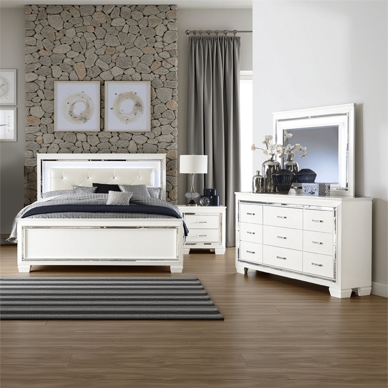 Pemberly Row 4Pc Queen Size Bedroom Set w/ Button Tufting & Mirror Trim in White