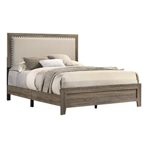 Pemberly Row Full Panel Bed with Nailhead Trim in Ivory Fabric and Gray Wood