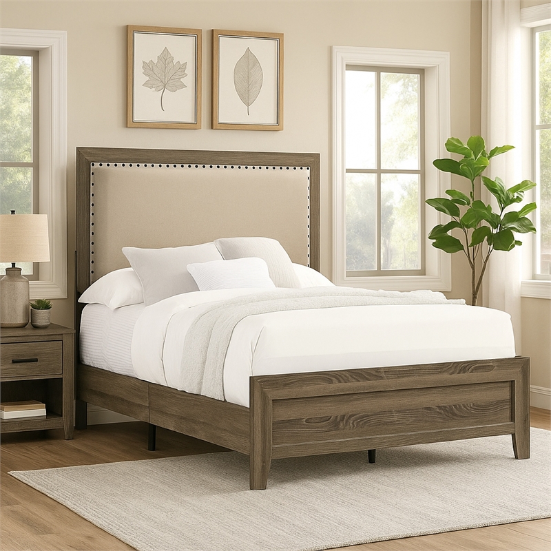 Pemberly Row Twin Panel Bed with Nailhead Trim in Ivory Fabric and Gray Wood