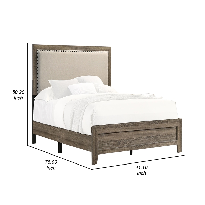 Pemberly Row Twin Panel Bed with Nailhead Trim in Ivory Fabric and Gray Wood