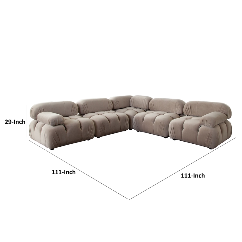 Pemberly Row 5 Piece Modular L-Shaped Sectional Sofa Set in Tan Brown Velvet