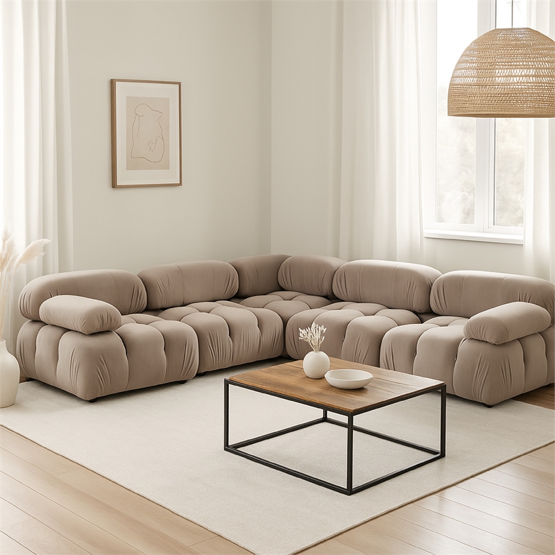 Pemberly Row 5 Piece Modular L-Shaped Sectional Sofa Set in Tan Brown Velvet