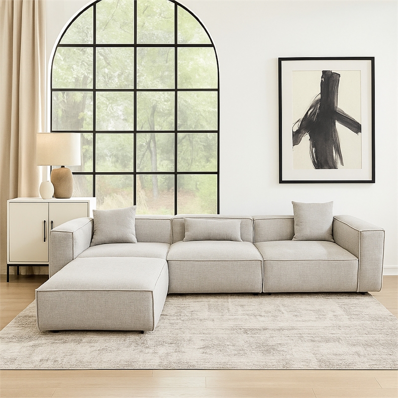 Pemberly Row 4 Pc Modular Sofa with Chaise & 3 Pillows in Barley Gray Polyester