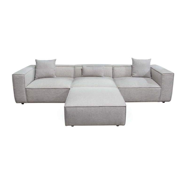 Pemberly Row 4 Pc Modular Sofa with Chaise & 3 Pillows in Barley Gray Polyester