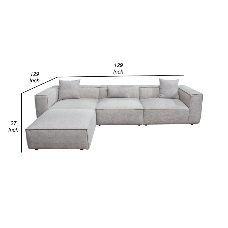 Pemberly Row 4 Pc Modular Sofa with Chaise & 3 Pillows in Barley Gray Polyester