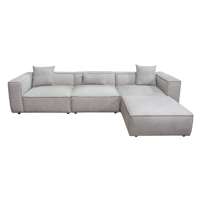 Pemberly Row 4 Pc Modular Sofa with Chaise & 3 Pillows in Barley Gray Polyester