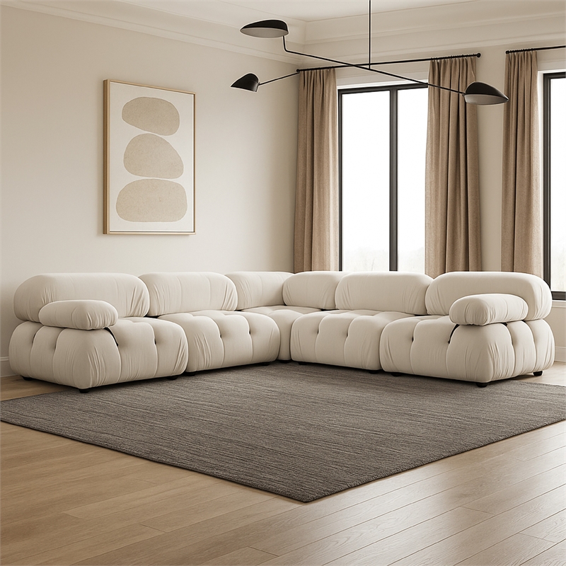 Pemberly Row 5Pc Modular L Sectional Sofa Set in Light Cream Velvet Grid Tufting