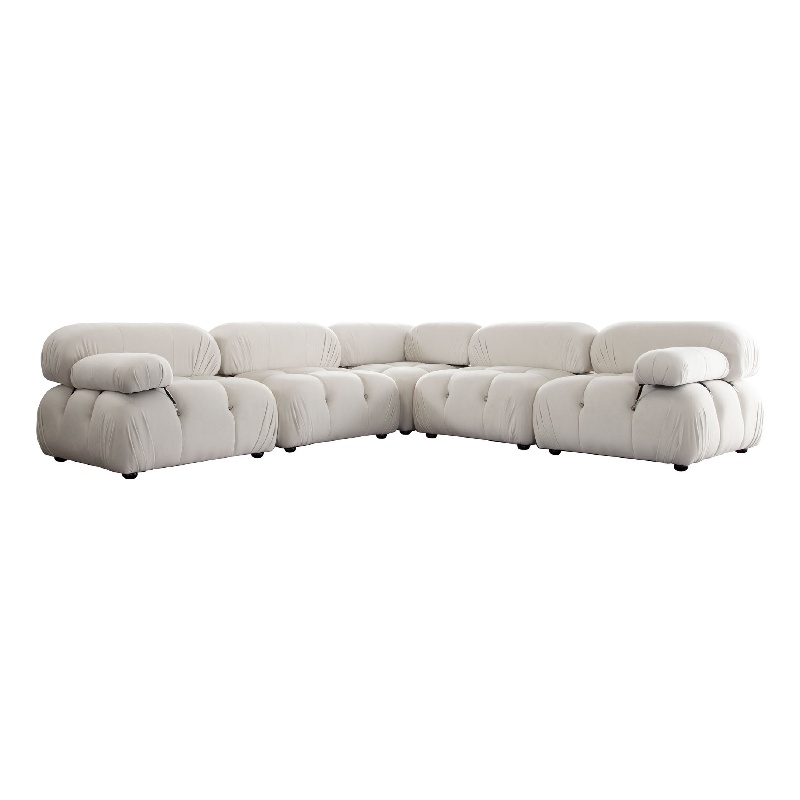 Pemberly Row 5Pc Modular L Sectional Sofa Set in Light Cream Velvet Grid Tufting