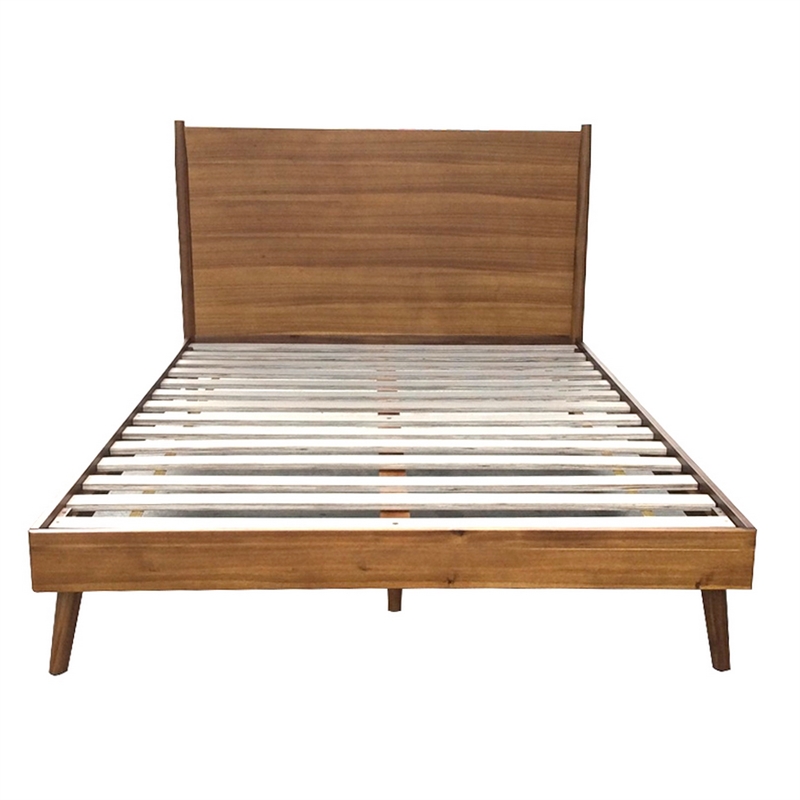 Pemberly Row Queen Size Bed with Panel Headboard in Rich Brown Acacia Wood