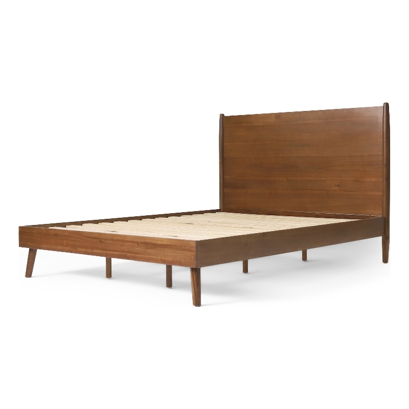 Pemberly Row Queen Size Bed with Panel Headboard in Rich Brown Acacia Wood
