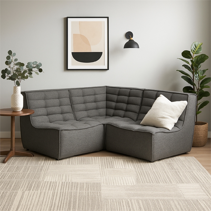 Pemberly Row 3Pc Modular Sectional Corner Sofa w/ Grid Tufting in Gray Polyester