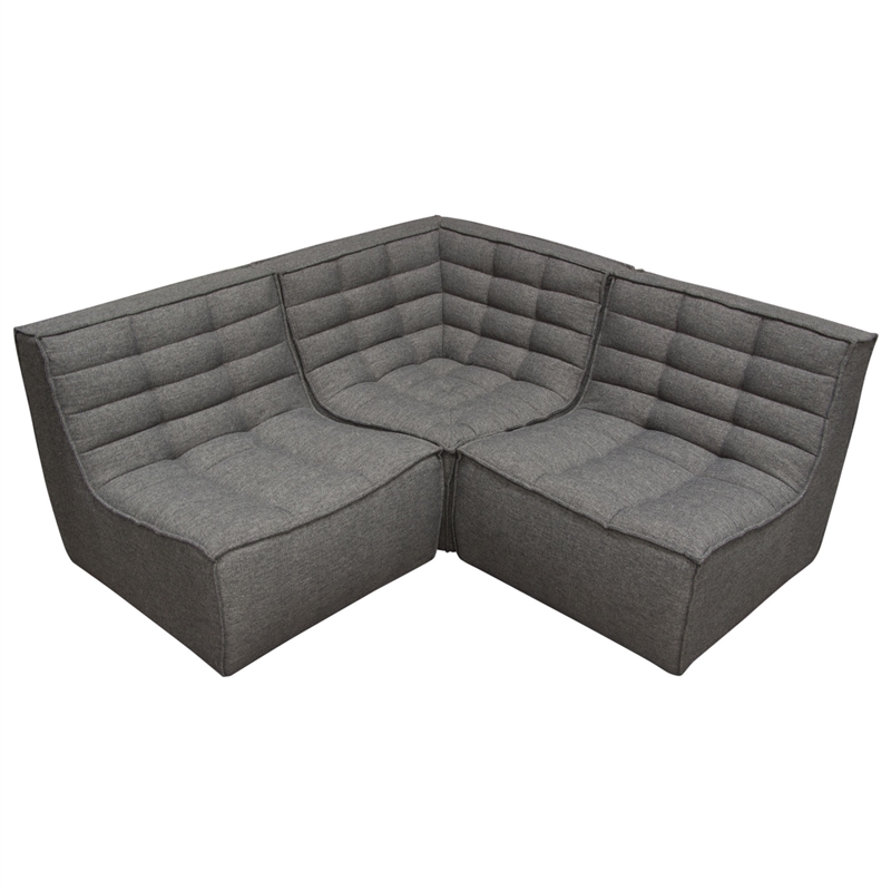 Pemberly Row 3Pc Modular Sectional Corner Sofa w/ Grid Tufting in Gray Polyester