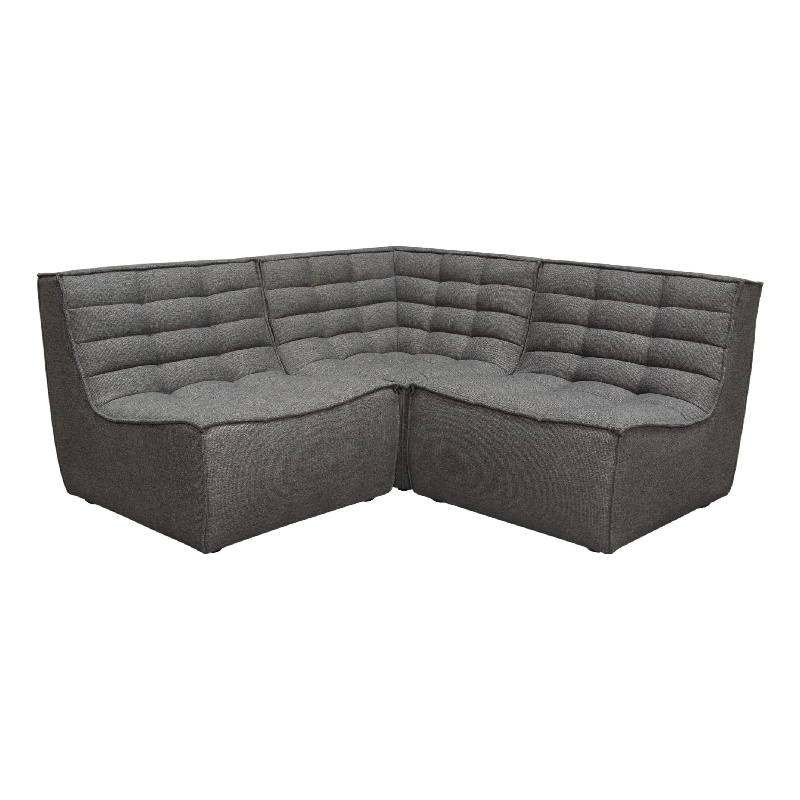 Pemberly Row 3Pc Modular Sectional Corner Sofa w/ Grid Tufting in Gray Polyester