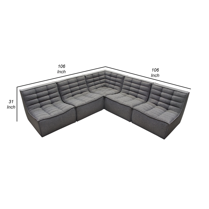 Pemberly Row 5Pc L-Shape Modular Sectional Sofa w/ Grid Tufting - Gray Polyester