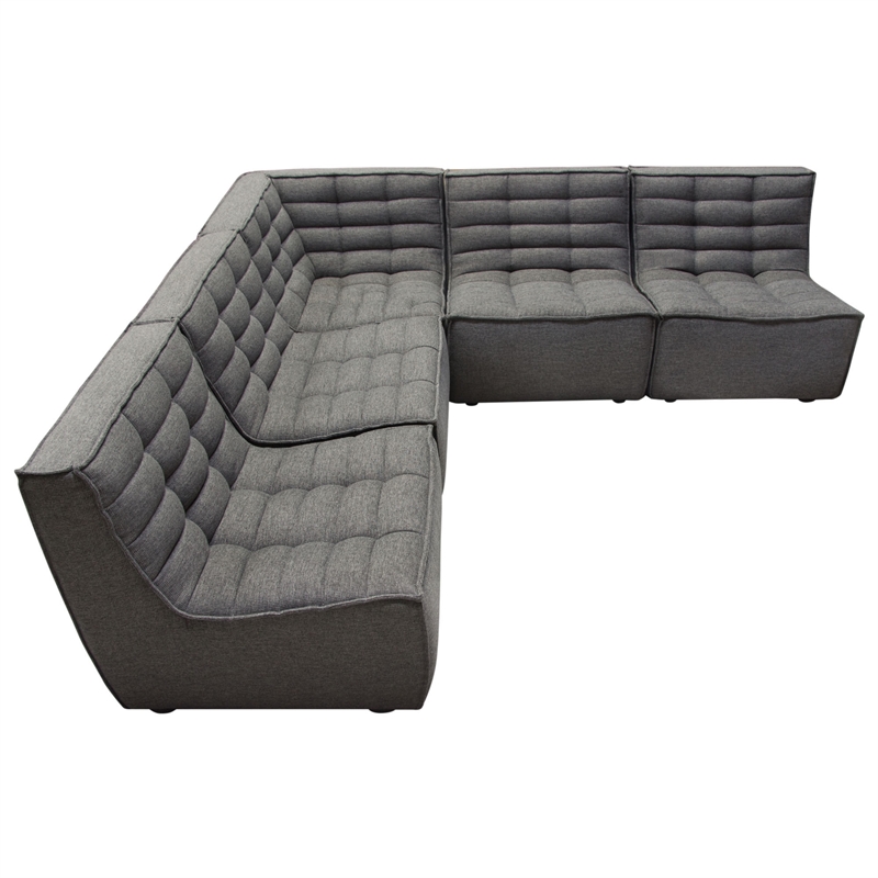 Pemberly Row 5Pc L-Shape Modular Sectional Sofa w/ Grid Tufting - Gray Polyester