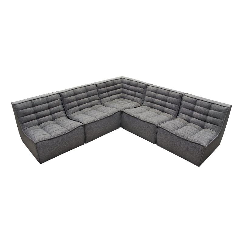 Pemberly Row 5Pc L-Shape Modular Sectional Sofa w/ Grid Tufting - Gray Polyester