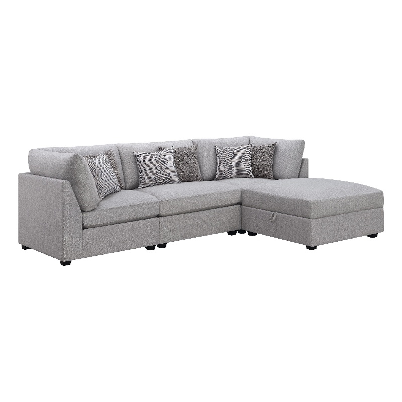 Pemberly Row 4 Pc Modular Sectional Sofa Set with Ottoman and 6 Pillows in Gray
