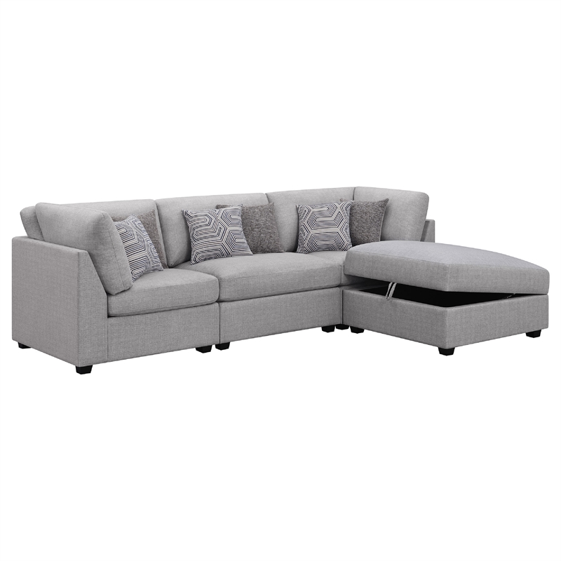Pemberly Row 4 Pc Modular Sectional Sofa Set with Ottoman and 6 Pillows in Gray