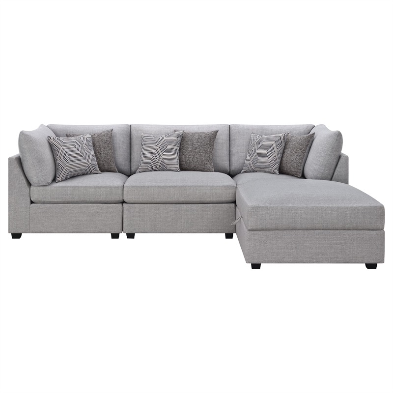 Pemberly Row 4 Pc Modular Sectional Sofa Set with Ottoman and 6 Pillows in Gray