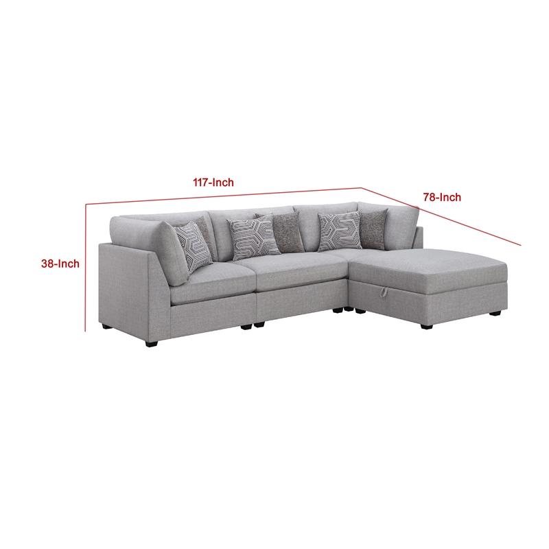 Pemberly Row 4 Pc Modular Sectional Sofa Set with Ottoman and 6 Pillows in Gray