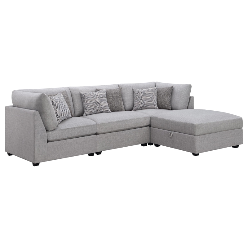 Pemberly Row 4 Pc Modular Sectional Sofa Set with Ottoman and 6 Pillows in Gray