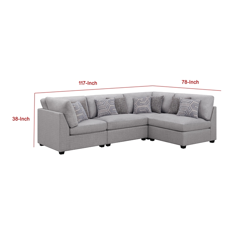 Pemberly Row 4 Piece Modular L-Shaped Sectional Sofa with 8 Pillows in Gray