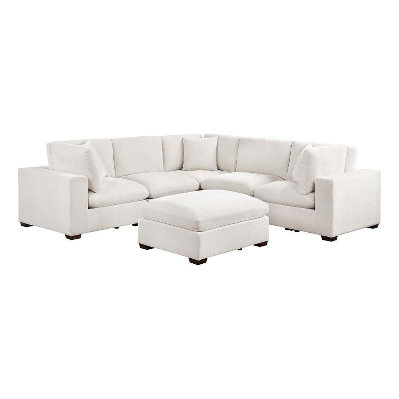 Pemberly Row 6 Piece Modular Sectional Sofa with Ottoman and 3 Pillows in Ivory