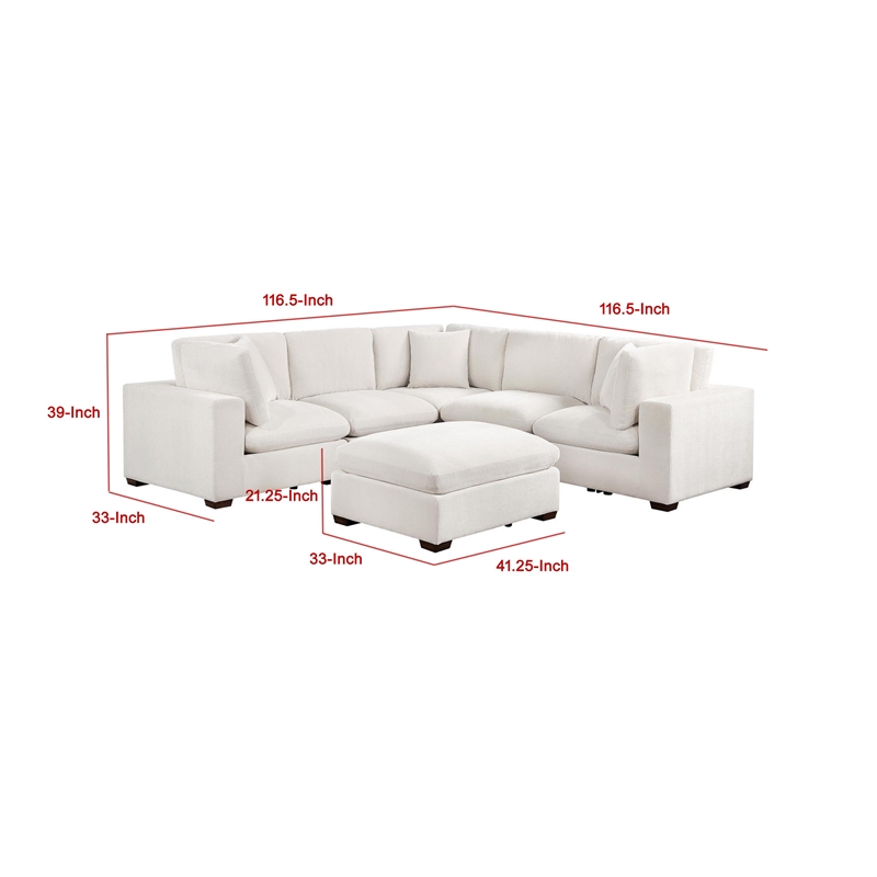 Pemberly Row 6 Piece Modular Sectional Sofa with Ottoman and 3 Pillows in Ivory