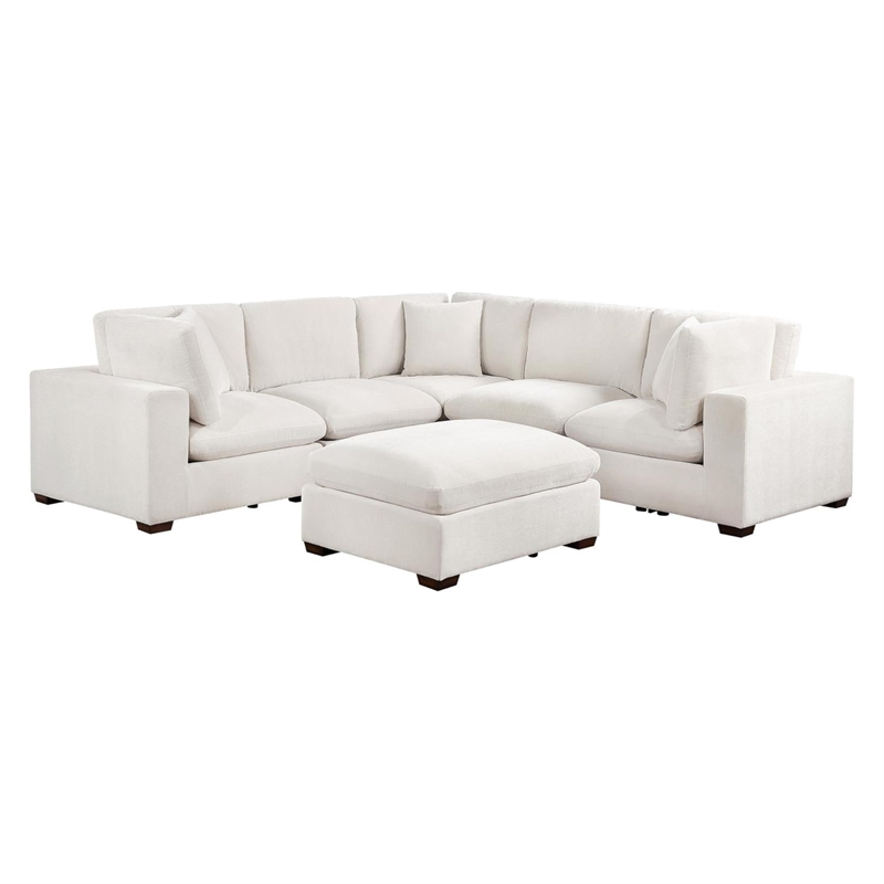 Pemberly Row 6 Piece Modular Sectional Sofa with Ottoman and 3 Pillows in Ivory