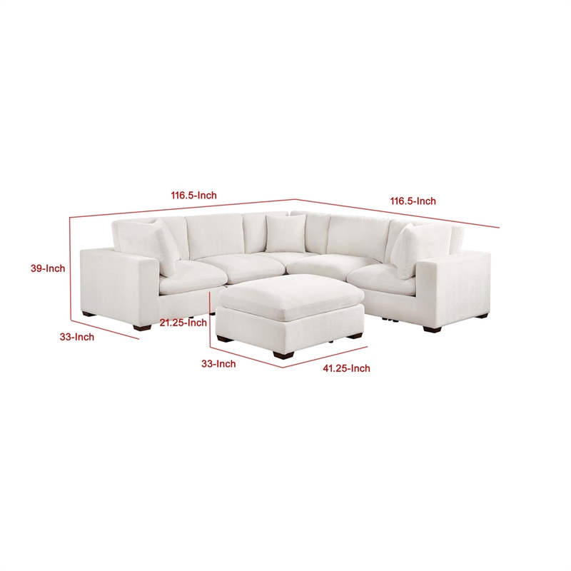Pemberly Row 6 Piece Modular Sectional Sofa with Ottoman and 3 Pillows in Ivory
