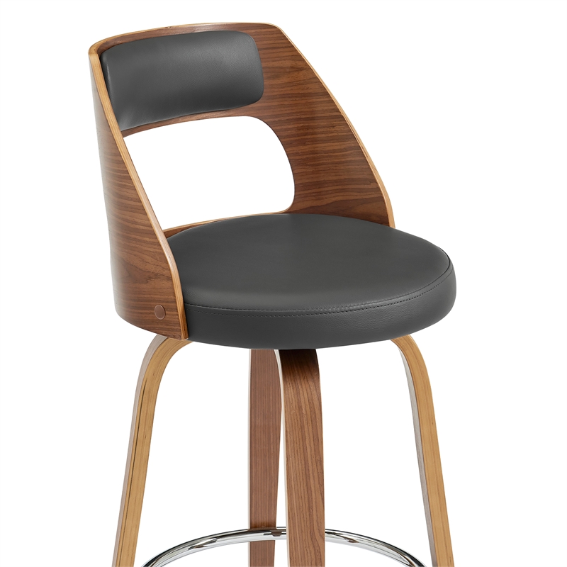 Pemberly Row Swivel Bar Stool with Open Design Wooden Back in Gray Leatherette