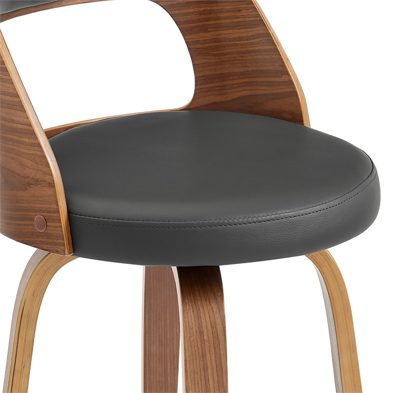 Pemberly Row Swivel Bar Stool with Open Design Wooden Back in Gray Leatherette