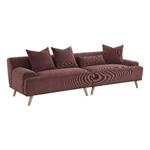 Pemberly Row 103&quot Long Sofa with 4 Throw Pillows in Retro Burgundy Red Corduroy