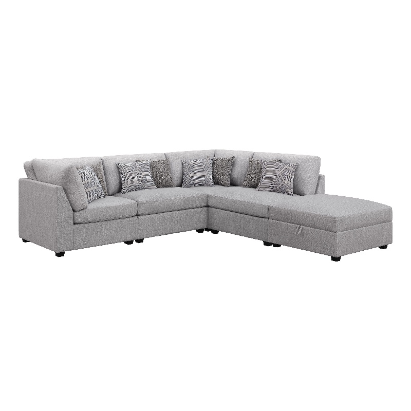 Pemberly Row 5 Piece Modular Sectional Sofa with Ottoman and 8 Pillows in Gray