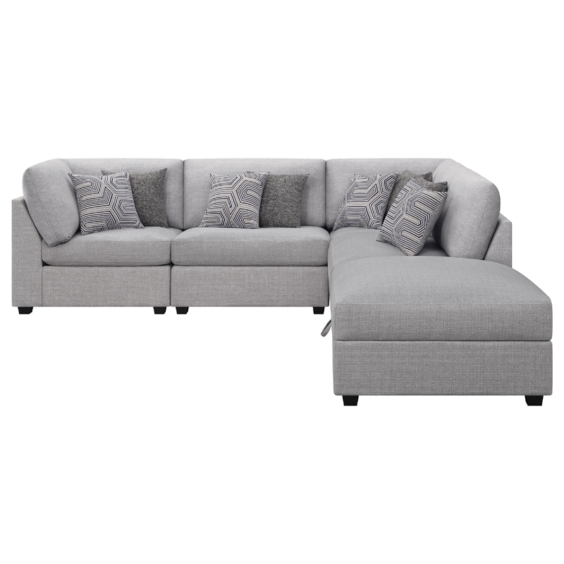 Pemberly Row 5 Piece Modular Sectional Sofa with Ottoman and 8 Pillows in Gray