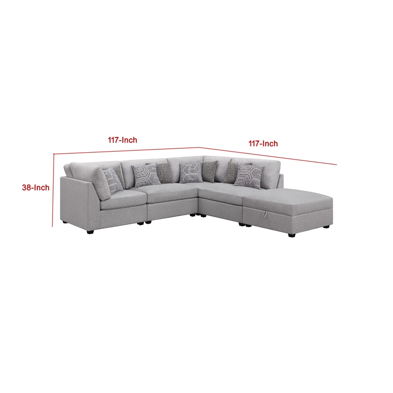 Pemberly Row 5 Piece Modular Sectional Sofa with Ottoman and 8 Pillows in Gray