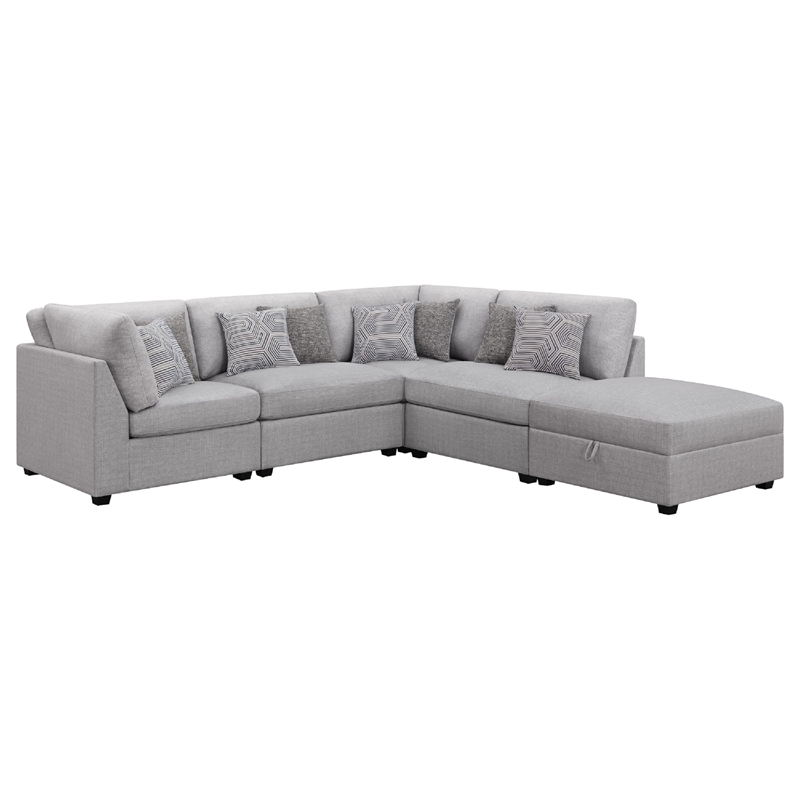 Pemberly Row 5 Piece Modular Sectional Sofa with Ottoman and 8 Pillows in Gray