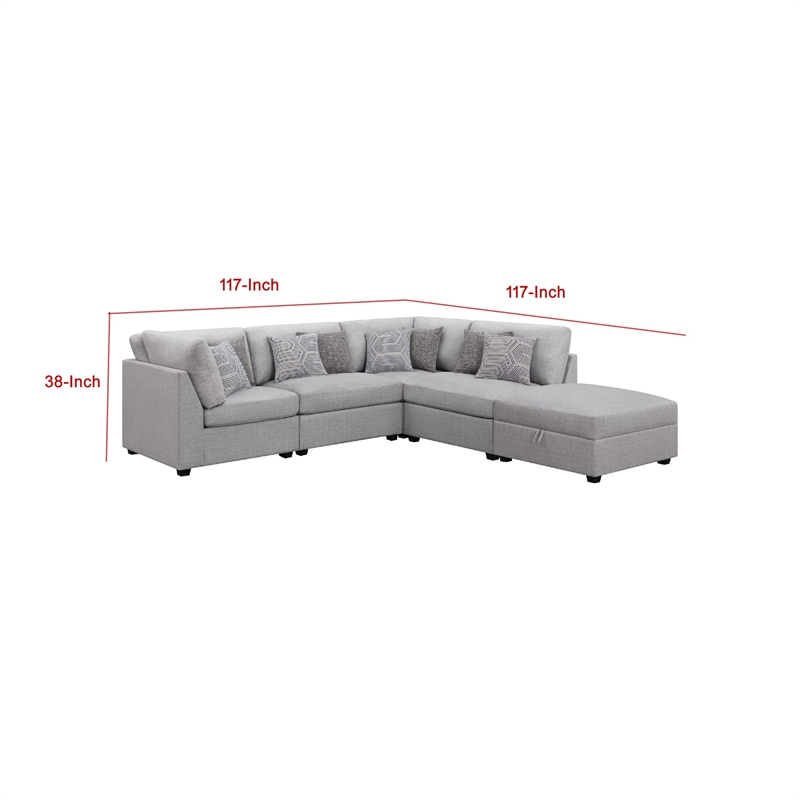 Pemberly Row 5 Piece Modular Sectional Sofa with Ottoman and 8 Pillows in Gray