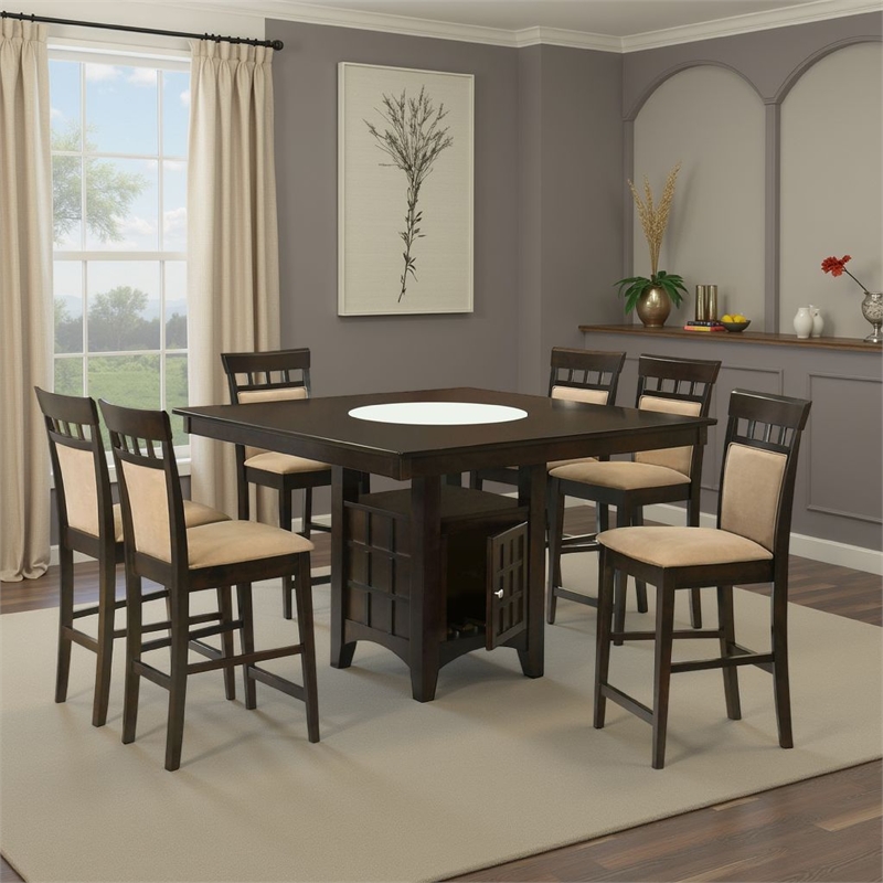 Pemberly Row 7 Piece Counter Height Dining Table Set with Wine Storage in Brown
